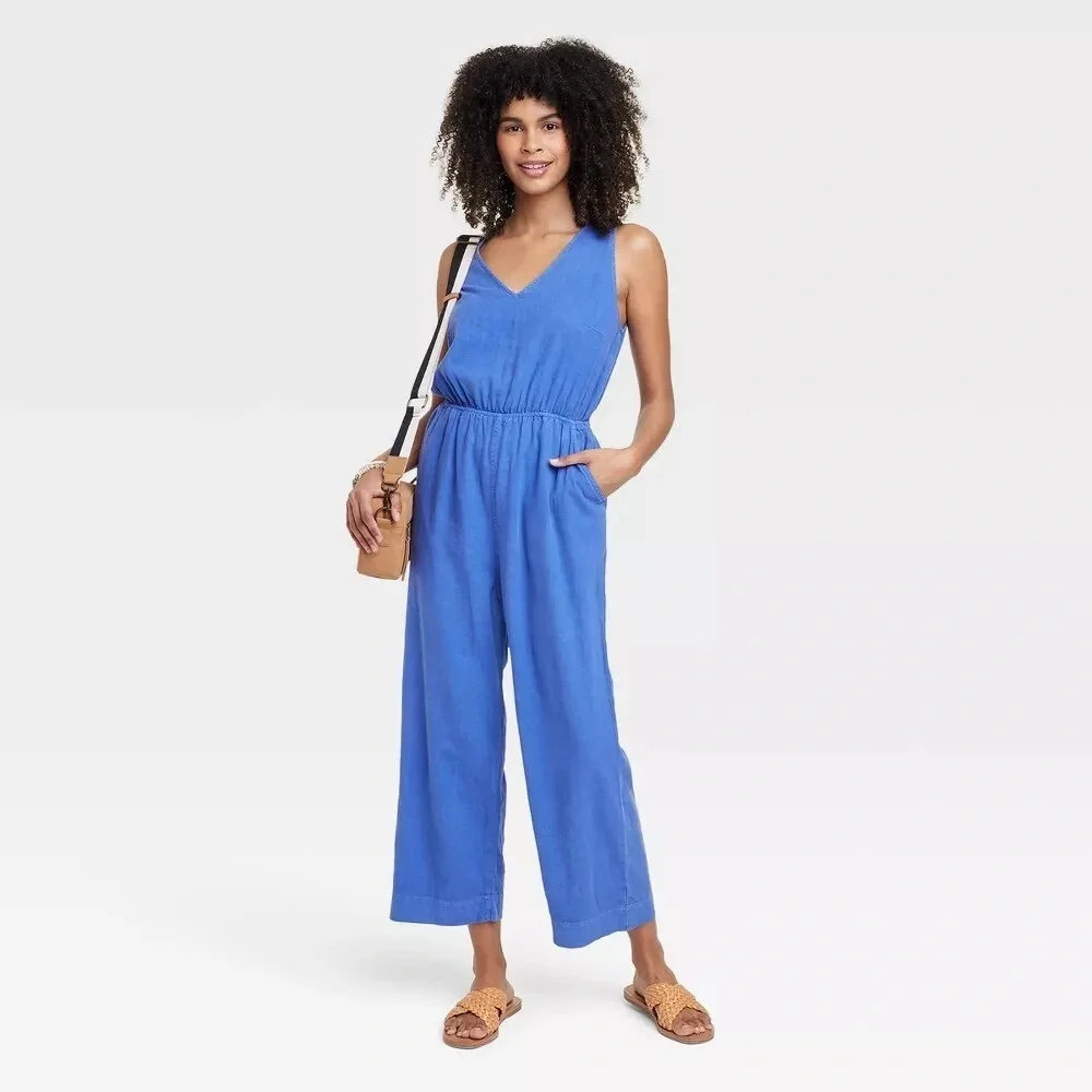 Universal Thread Blue Linen Sleeveless Jumpsuit Open Back XXL - Picture 3 of 6